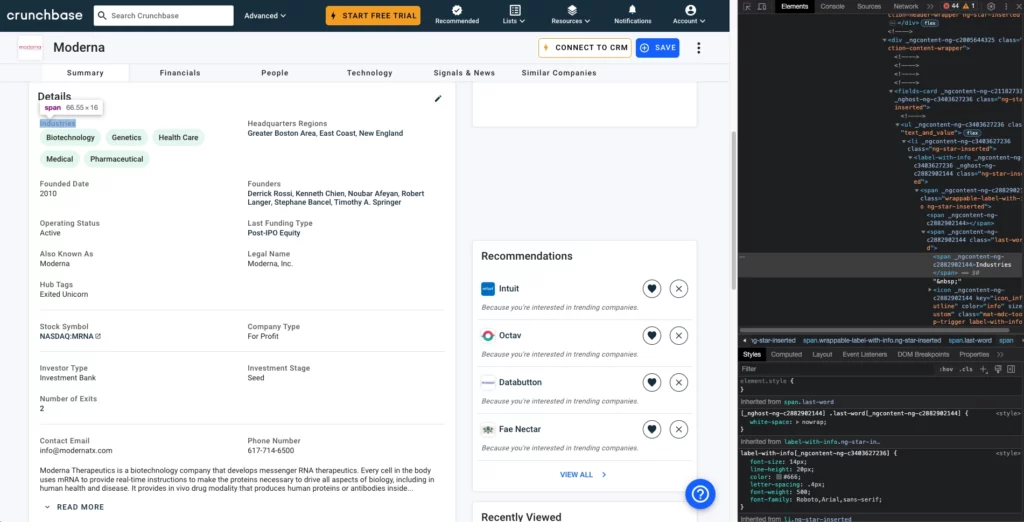 Crunchbase inspect element
